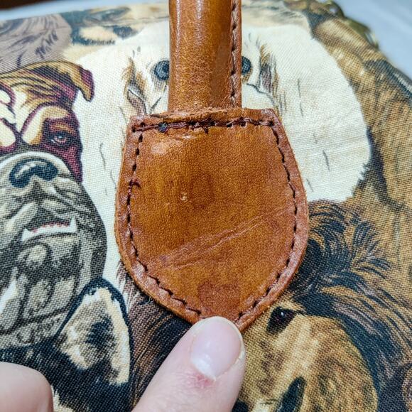 Vintage Canvas Dog Print Animal Tapestry Barrel Handbag Leather Handle Tote Bag - Picture 10 of 15